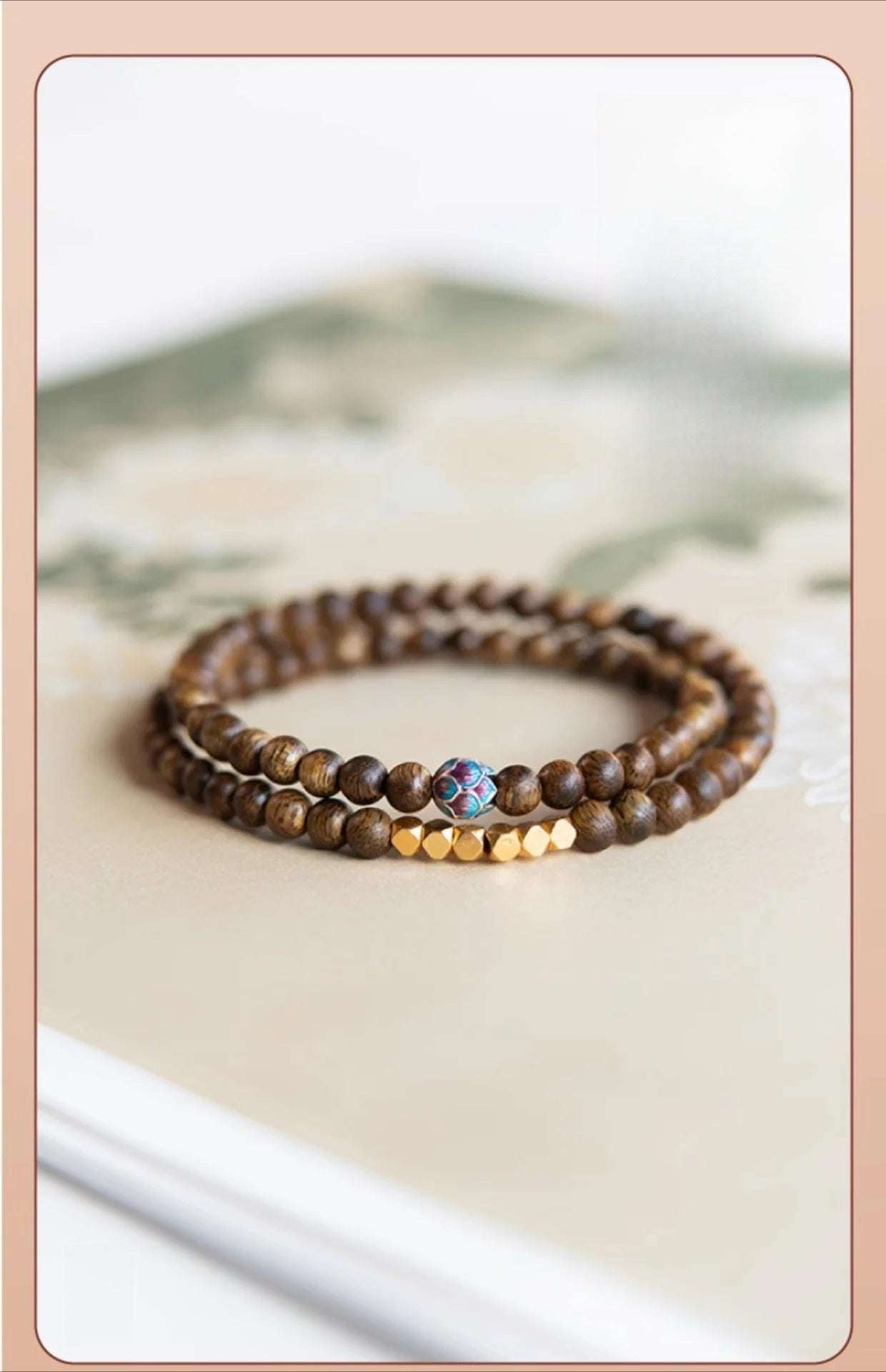 Sandalwood bracelet stacked with three rings of 6mm calming and stable bracelet