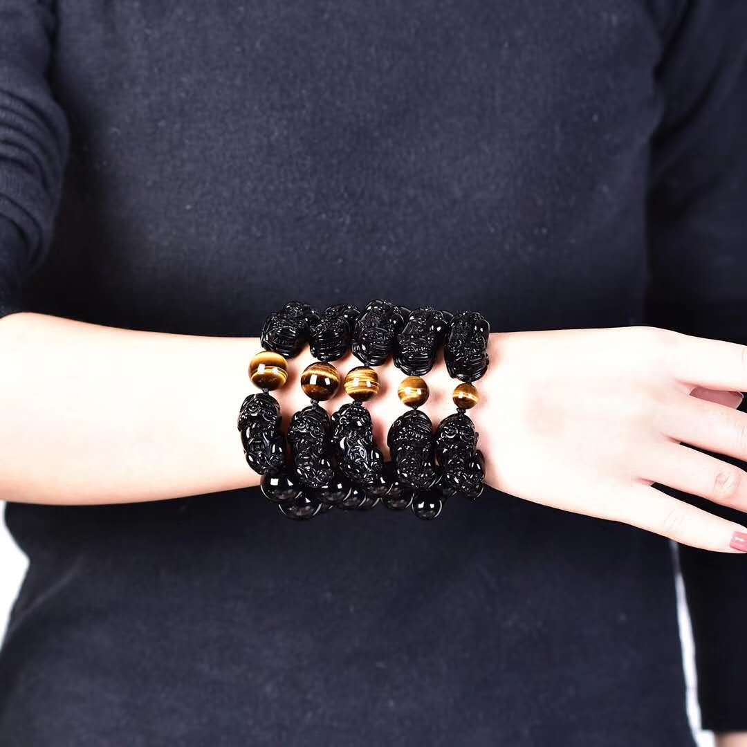 Natural black gold obsidian double Pixiu bracelet with yellow tiger's eye stone bead spacer for men and women crystal Pixiu bracelet.
