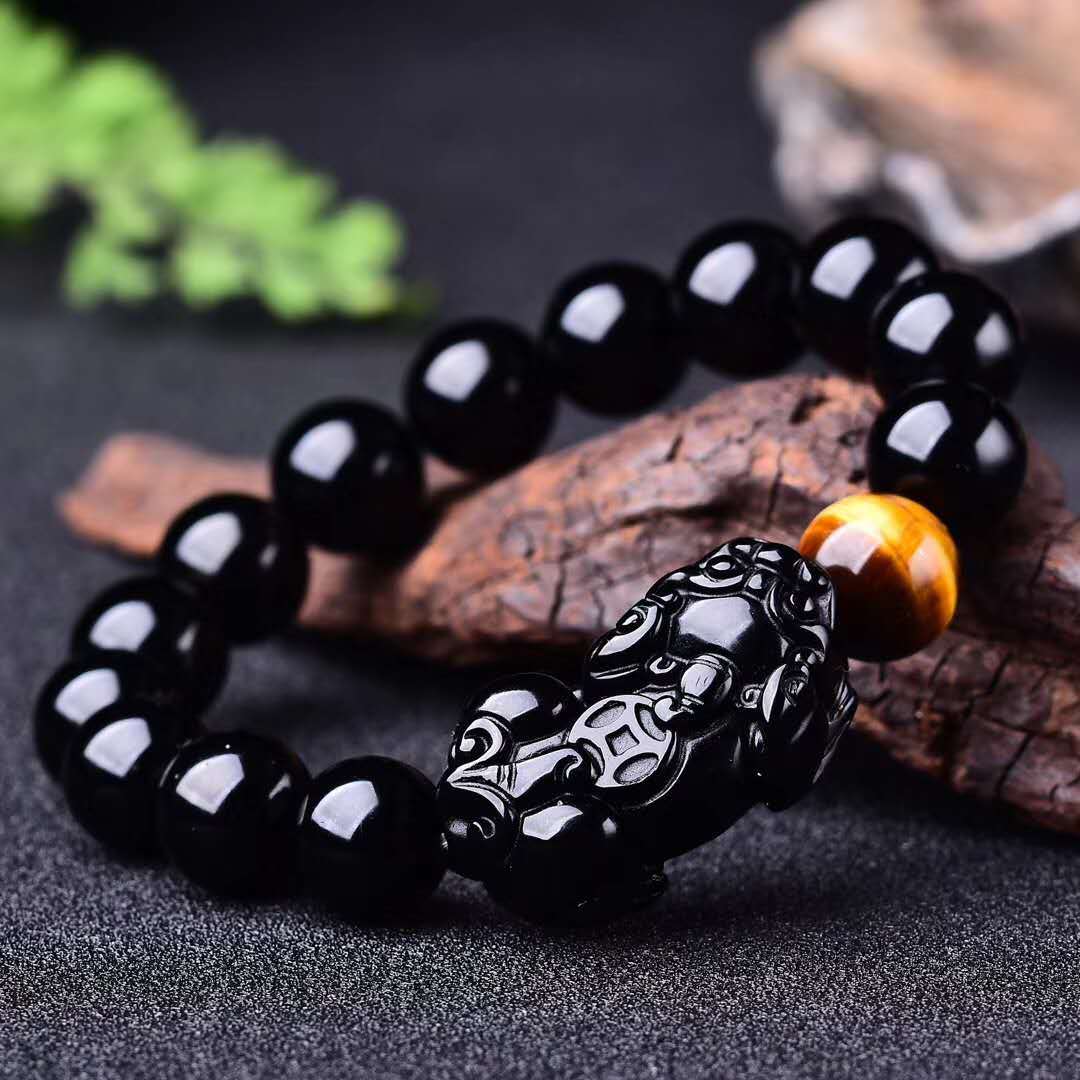 Natural black gold obsidian double Pixiu bracelet with yellow tiger's eye stone bead spacer for men and women crystal Pixiu bracelet.