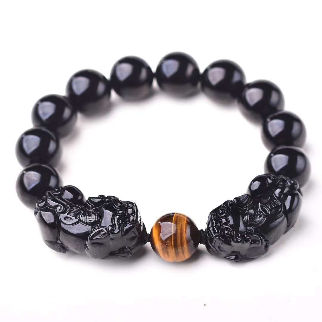 Natural black gold obsidian double Pixiu bracelet with yellow tiger's eye stone bead spacer for men and women crystal Pixiu bracelet.