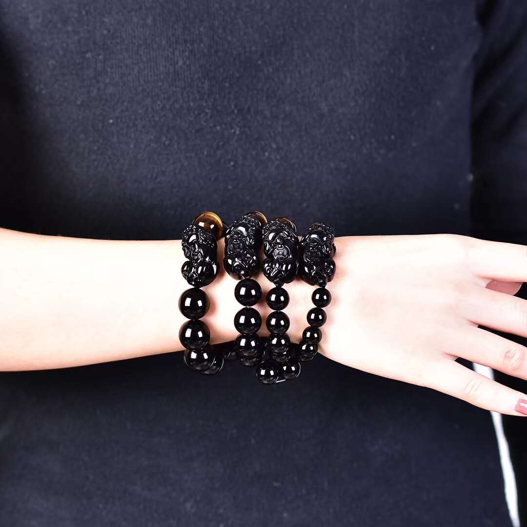 Natural black gold obsidian double Pixiu bracelet with yellow tiger's eye stone bead spacer for men and women crystal Pixiu bracelet.
