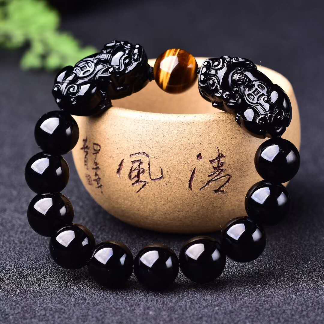 Natural black gold obsidian double Pixiu bracelet with yellow tiger's eye stone bead spacer for men and women crystal Pixiu bracelet.