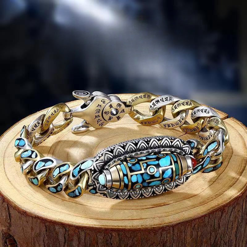 Turquoise Six-Character Mantra Nine-Eyed Dzi Bead Bracelet for Men
