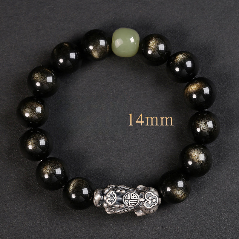 Obsidian Bracelet Natural Golden Yaoshi 999 Pure Silver Pixiu Bracelet Beads Women's Men's Birthday Gift Couple