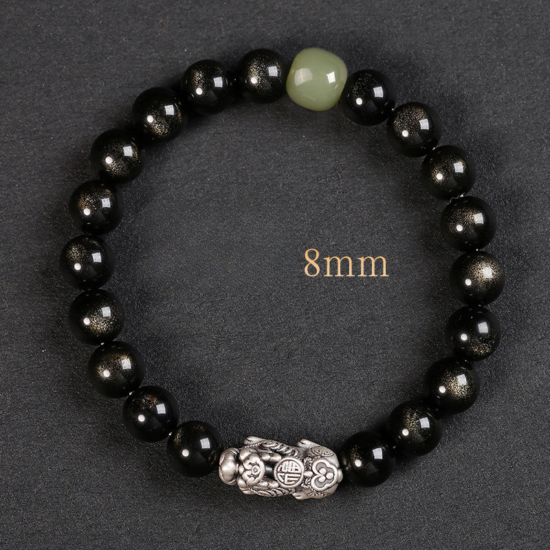 Obsidian Bracelet Natural Golden Yaoshi 999 Pure Silver Pixiu Bracelet Beads Women's Men's Birthday Gift Couple