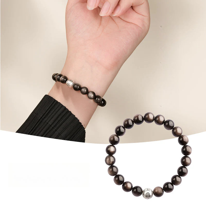 Natural Obsidian Bracelet Female Crystal Silver Obsidian Couple Six Characters Proverbs Good Luck Transfer Beads Bracelet Men's Buddha Beads