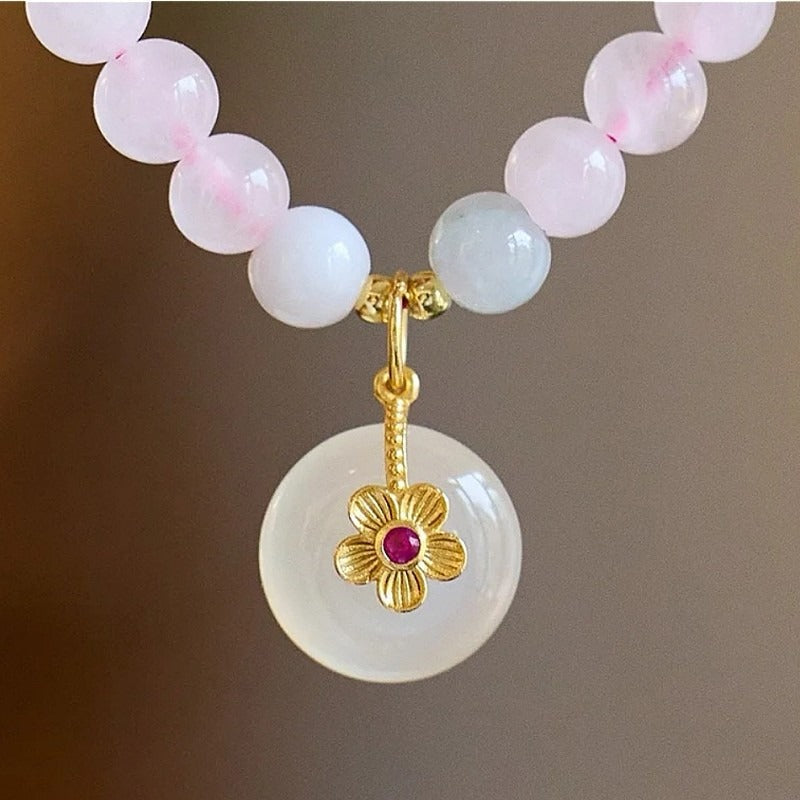 Natural powder crystal safety buckle bracelet, white chalcedony flower pendant, pink crystal bracelet.
