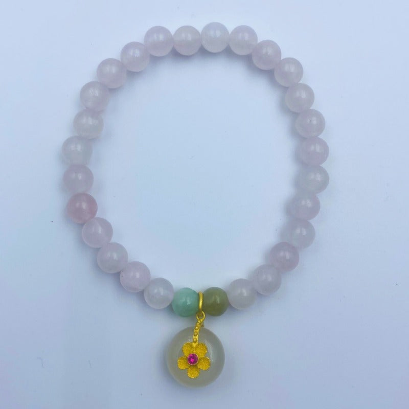 Natural powder crystal safety buckle bracelet, white chalcedony flower pendant, pink crystal bracelet.