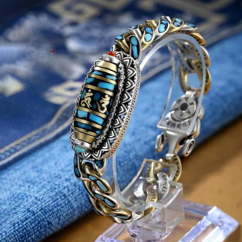 Turquoise Six-Character Mantra Nine-Eyed Dzi Bead Bracelet for Men