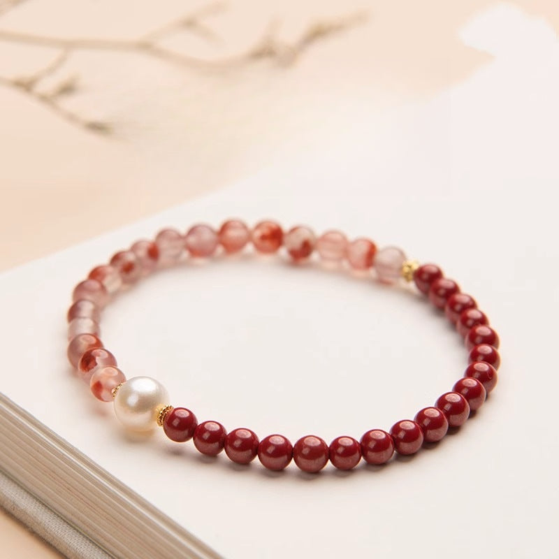 Natural cinnabar Nanhong agate bracelet pearl bracelet women's pearl beads