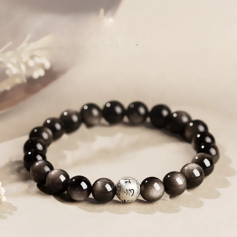 Natural Obsidian Bracelet Female Crystal Silver Obsidian Couple Six Characters Proverbs Good Luck Transfer Beads Bracelet Men's Buddha Beads