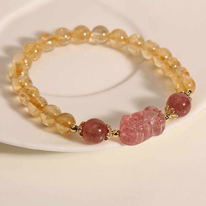 Citrine and strawberry quartz Pixiu money-attracting bracelet