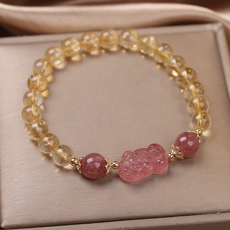 Citrine and strawberry quartz Pixiu money-attracting bracelet