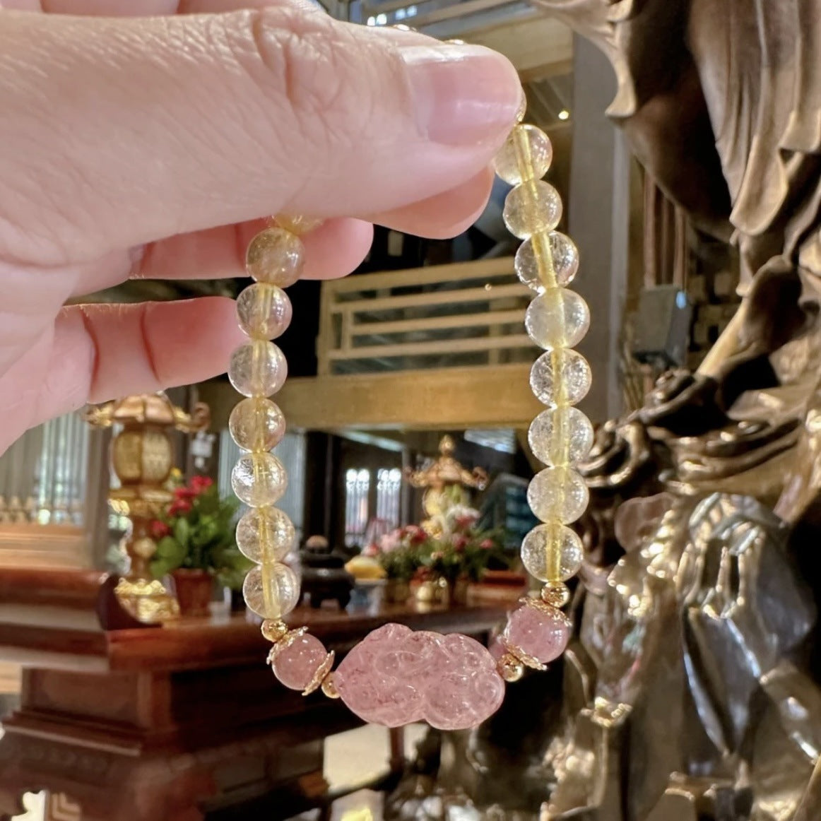 Citrine and strawberry quartz Pixiu money-attracting bracelet