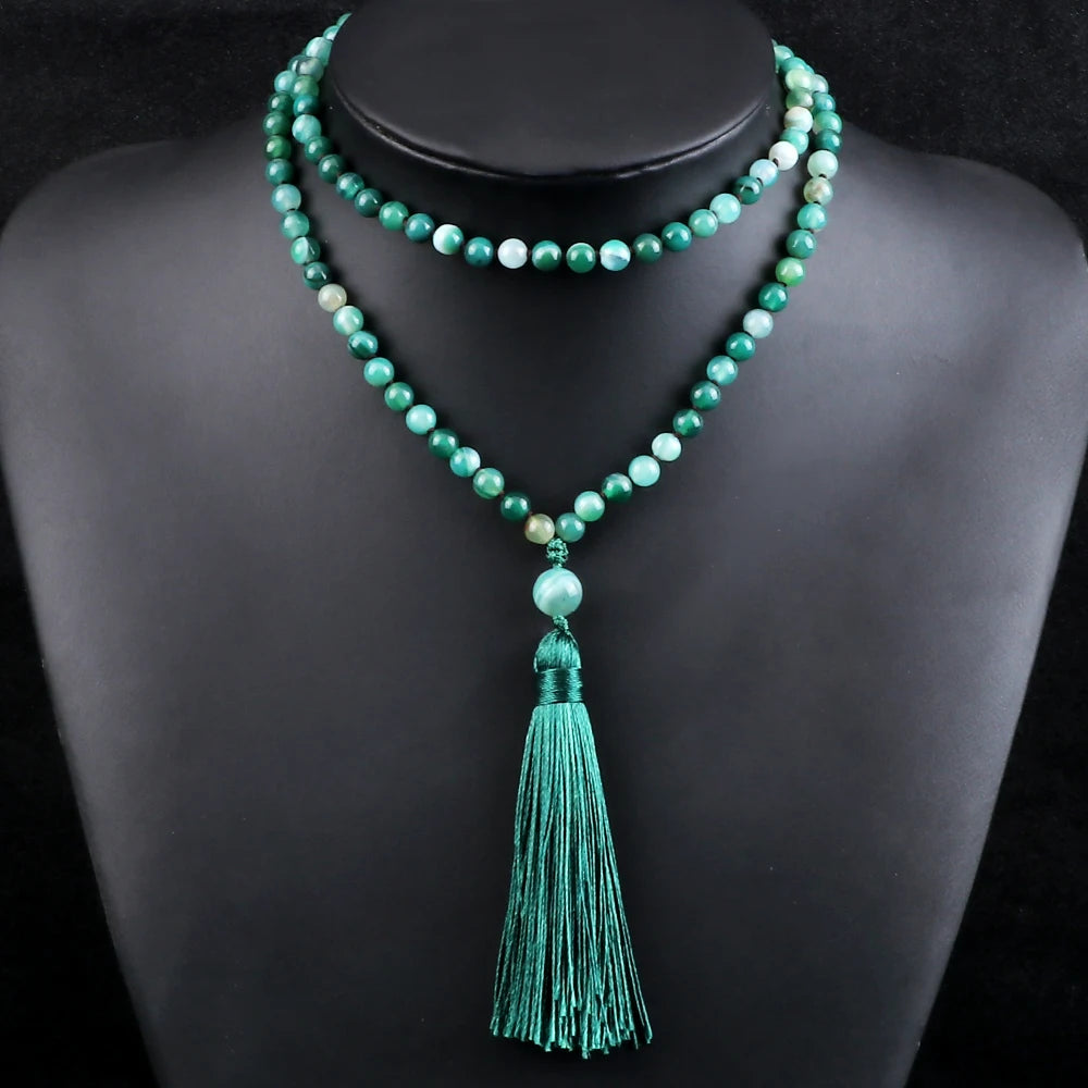 Fashion Green Agates Beaded Necklace 108 Beads Mala Natural Stone Knotted Long Tassel Necklace Yoga Meditation Spirit Jewelry