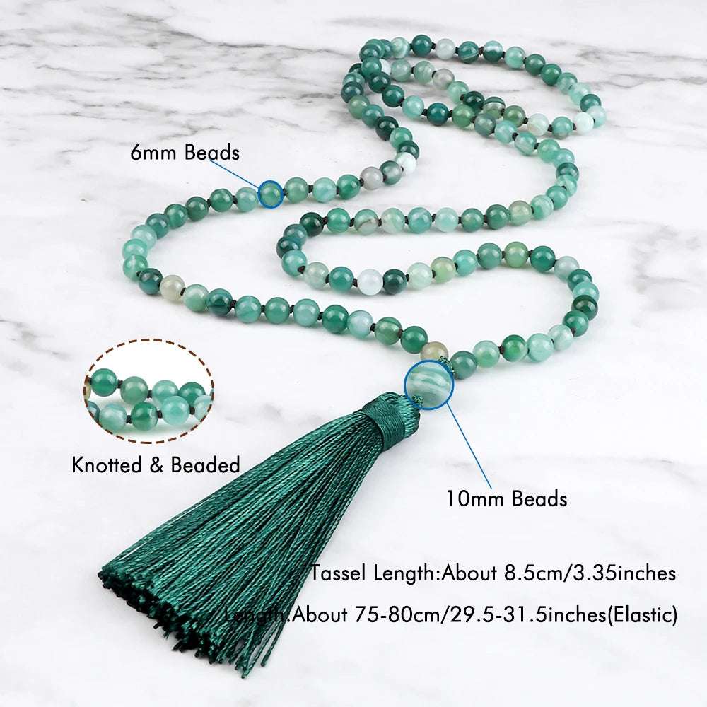 Fashion Green Agates Beaded Necklace 108 Beads Mala Natural Stone Knotted Long Tassel Necklace Yoga Meditation Spirit Jewelry