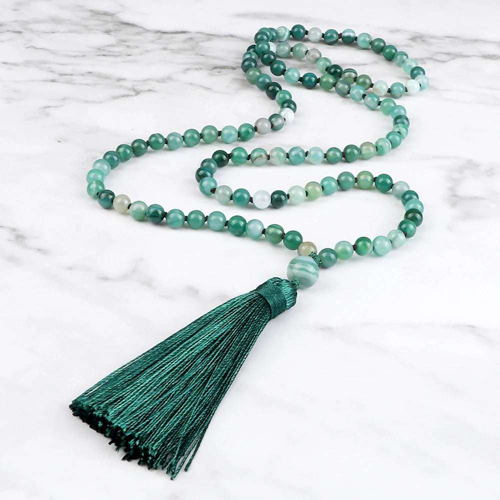 Fashion Green Agates Beaded Necklace 108 Beads Mala Natural Stone Knotted Long Tassel Necklace Yoga Meditation Spirit Jewelry