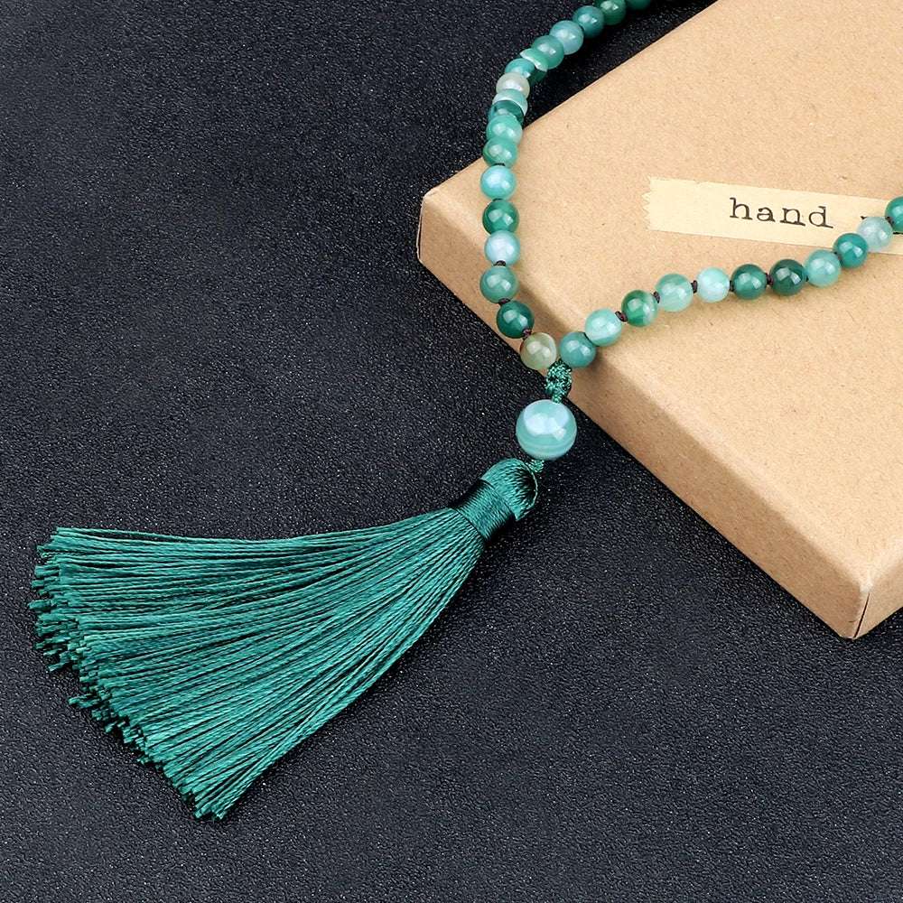 Fashion Green Agates Beaded Necklace 108 Beads Mala Natural Stone Knotted Long Tassel Necklace Yoga Meditation Spirit Jewelry