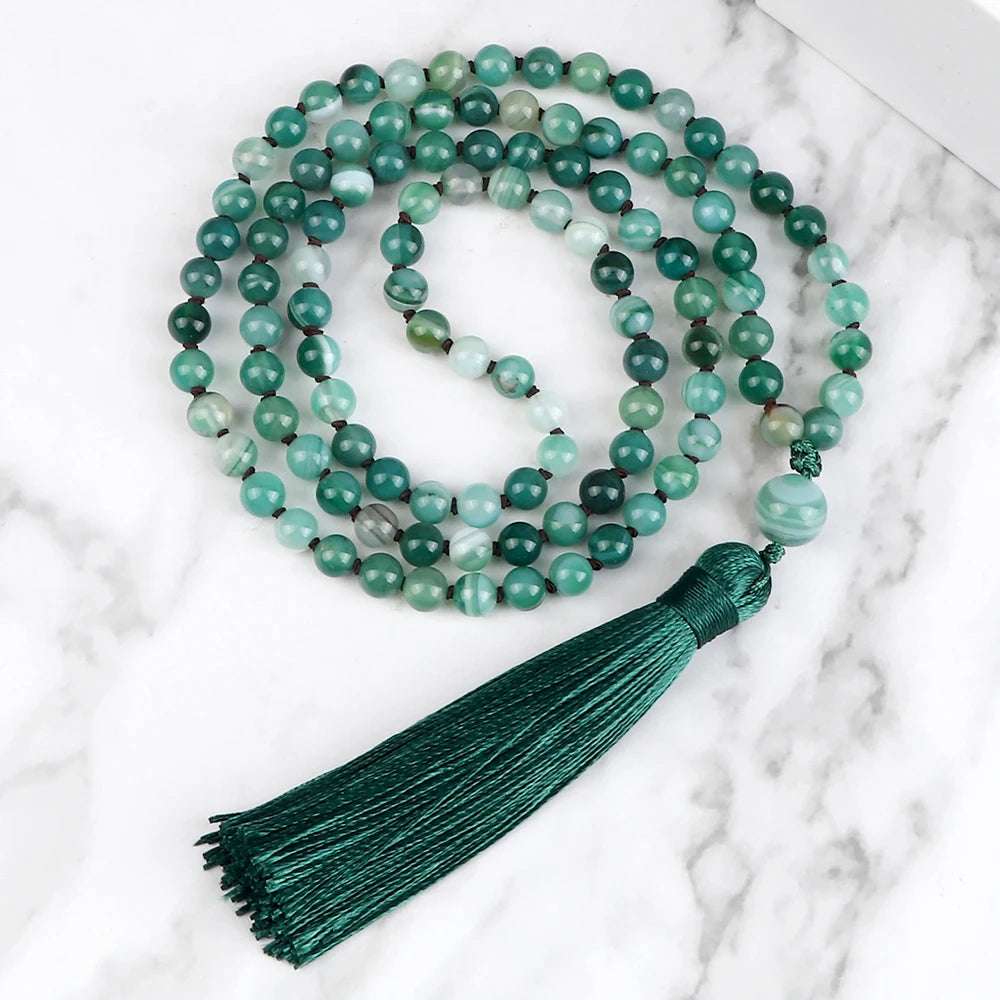 Fashion Green Agates Beaded Necklace 108 Beads Mala Natural Stone Knotted Long Tassel Necklace Yoga Meditation Spirit Jewelry
