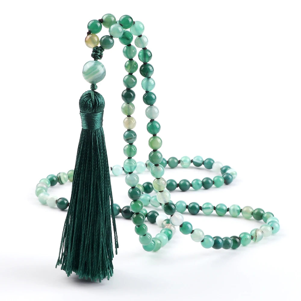 Fashion Green Agates Beaded Necklace 108 Beads Mala Natural Stone Knotted Long Tassel Necklace Yoga Meditation Spirit Jewelry