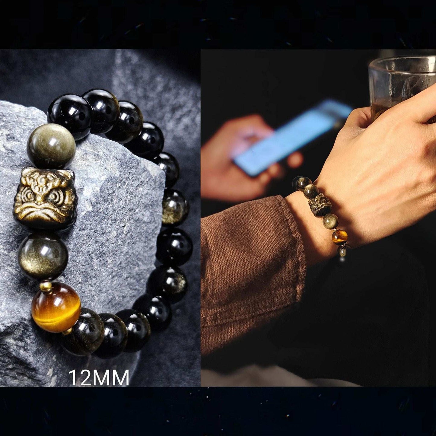 Natural silver obsidian bracelet lion dancing male and female couple Wenwan obsidian bracelet gold obsidian jewelry
