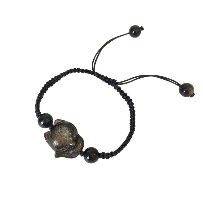 Natural obsidian fox bracelet, peach blossom bracelet, woven bracelet, transshipment, couple crystal jewelry gift.
