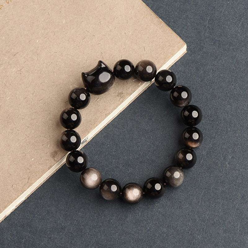Natural Obsidian Bracelet Female Crystal Silver Obsidian Couple Six Characters Proverbs Good Luck Transfer Beads Bracelet Men's Buddha Beads