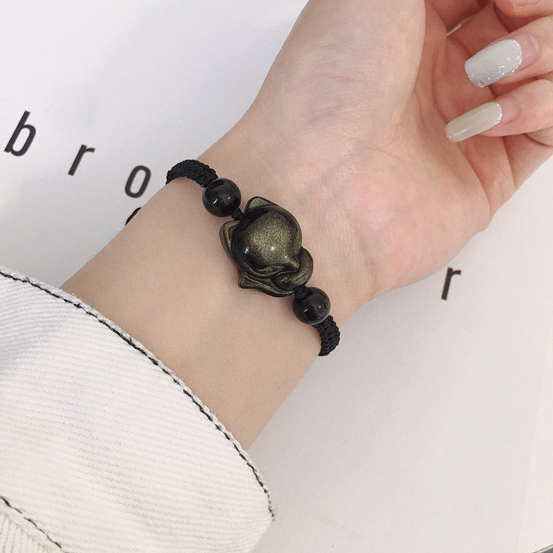 Natural obsidian fox bracelet, peach blossom bracelet, woven bracelet, transshipment, couple crystal jewelry gift.