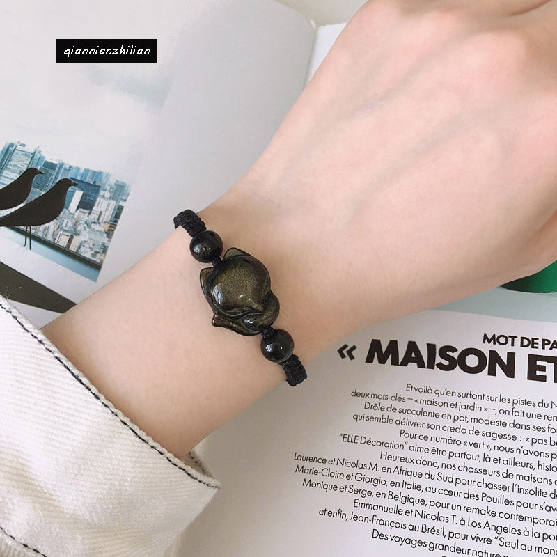 Natural obsidian fox bracelet, peach blossom bracelet, woven bracelet, transshipment, couple crystal jewelry gift.