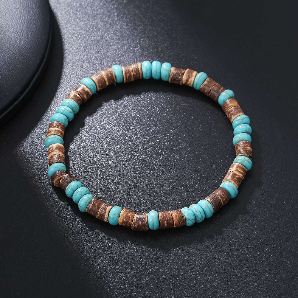 Free Today: Handmade Beaded Skull Bracelet Men's Turquoise Wood Bead Coconut Shell Bracelet Has a Healing Effect