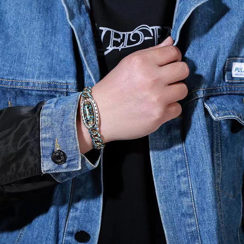 Turquoise Six-Character Mantra Nine-Eyed Dzi Bead Bracelet for Men