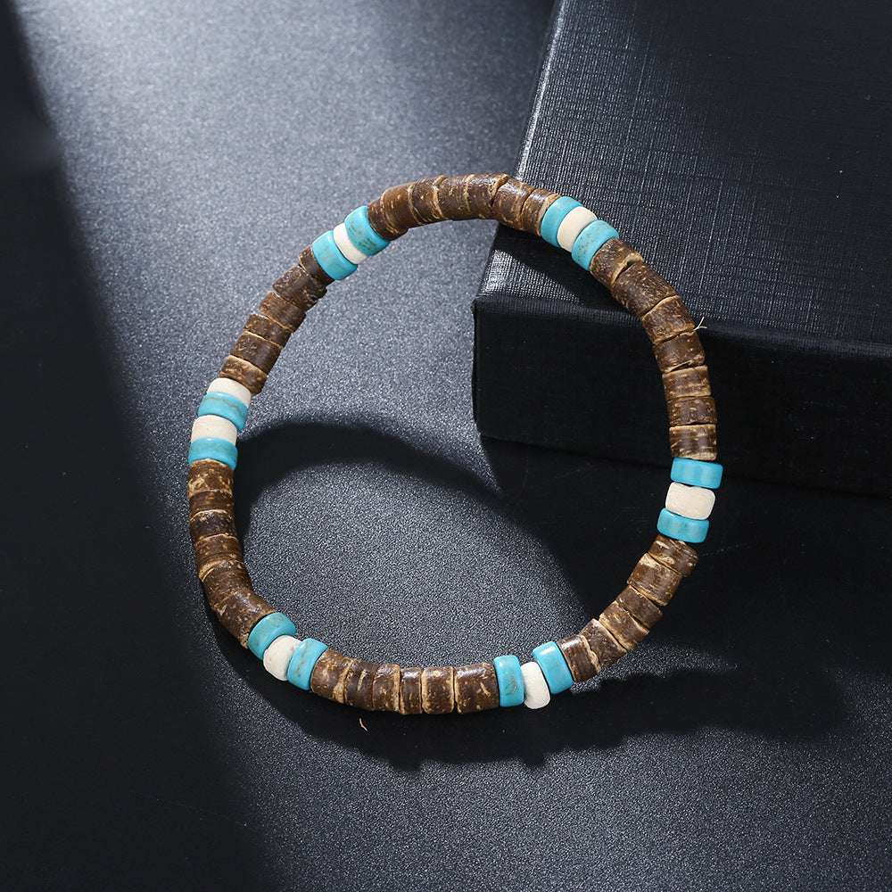 Free Today: Handmade Beaded Skull Bracelet Men's Turquoise Wood Bead Coconut Shell Bracelet Has a Healing Effect