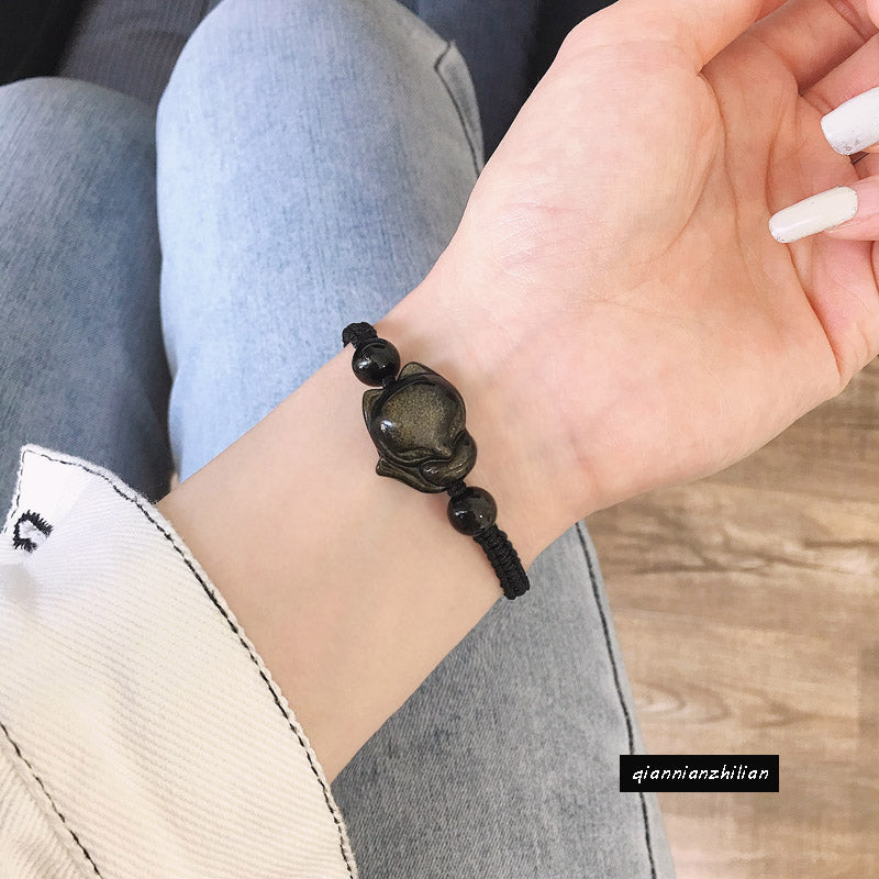 Natural obsidian fox bracelet, peach blossom bracelet, woven bracelet, transshipment, couple crystal jewelry gift.