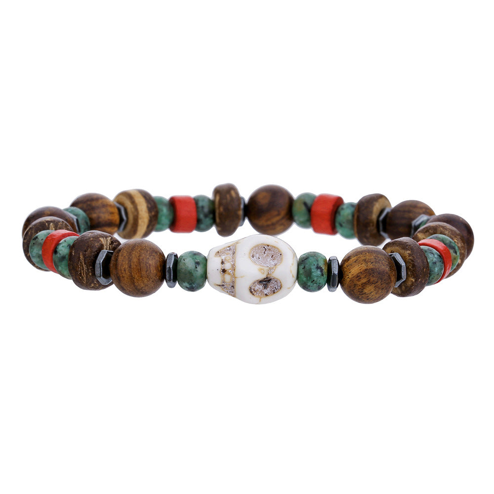 Free Today: Handmade Beaded Skull Bracelet Men's Turquoise Wood Bead Coconut Shell Bracelet Has a Healing Effect