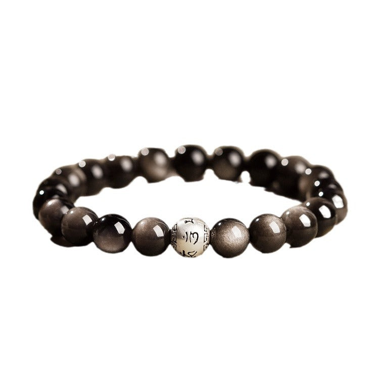 Natural Obsidian Bracelet Female Crystal Silver Obsidian Couple Six Characters Proverbs Good Luck Transfer Beads Bracelet Men's Buddha Beads