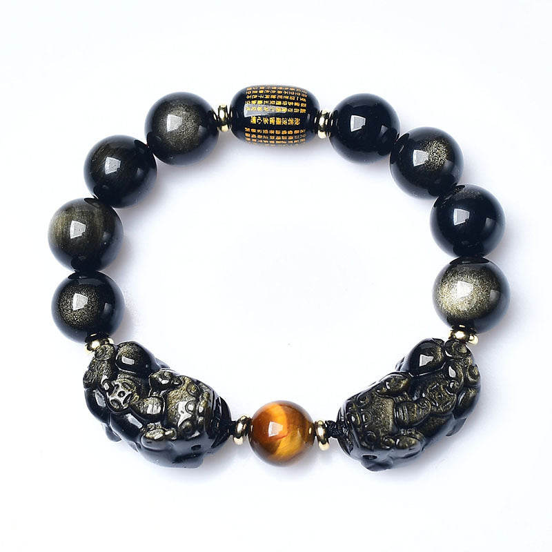 Black obsidian and tiger's eye double Pi Xiu bracelet