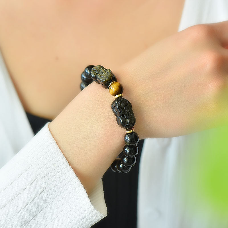 Black obsidian and tiger's eye double Pi Xiu bracelet