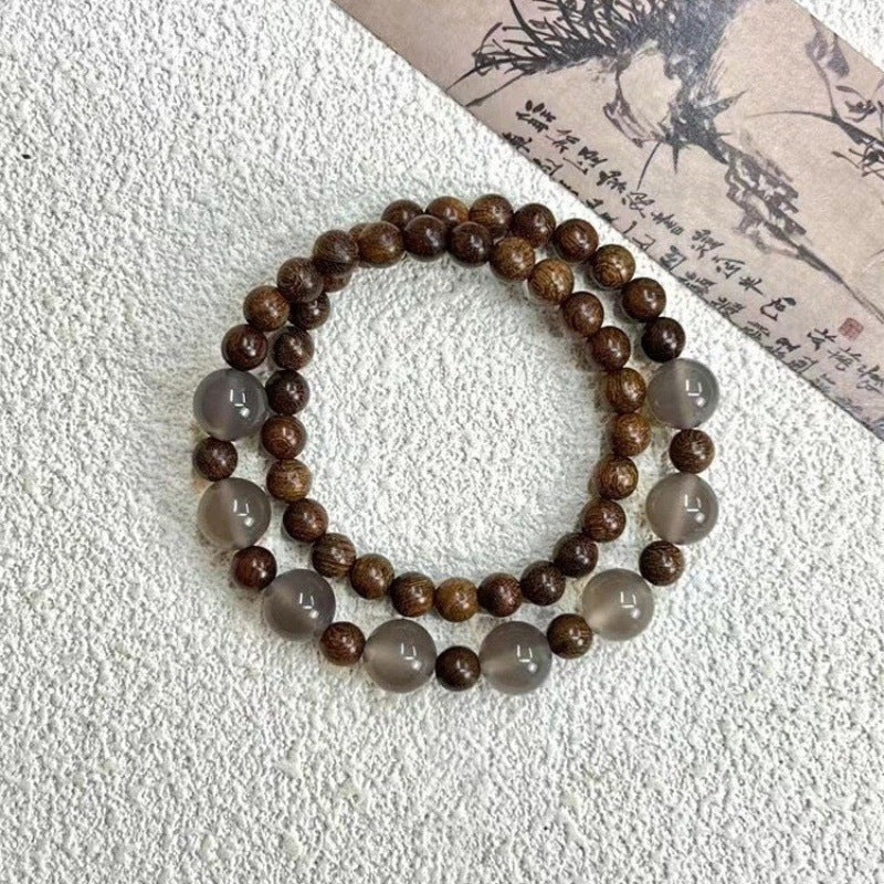 Golden silk sandalwood with smoke purple agate double circle women's beaded simple bracelet