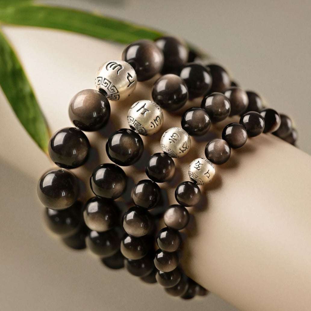 Natural Obsidian Bracelet Female Crystal Silver Obsidian Couple Six Characters Proverbs Good Luck Transfer Beads Bracelet Men's Buddha Beads