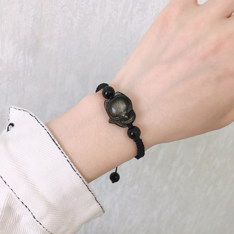 Natural obsidian fox bracelet, peach blossom bracelet, woven bracelet, transshipment, couple crystal jewelry gift.