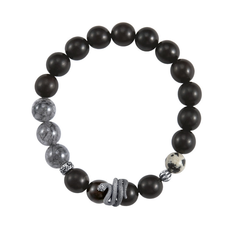Taoist ebony black hair crystal snake year bracelet men's S925 sterling silver bracelet new Chinese zodiac natal year jewelry