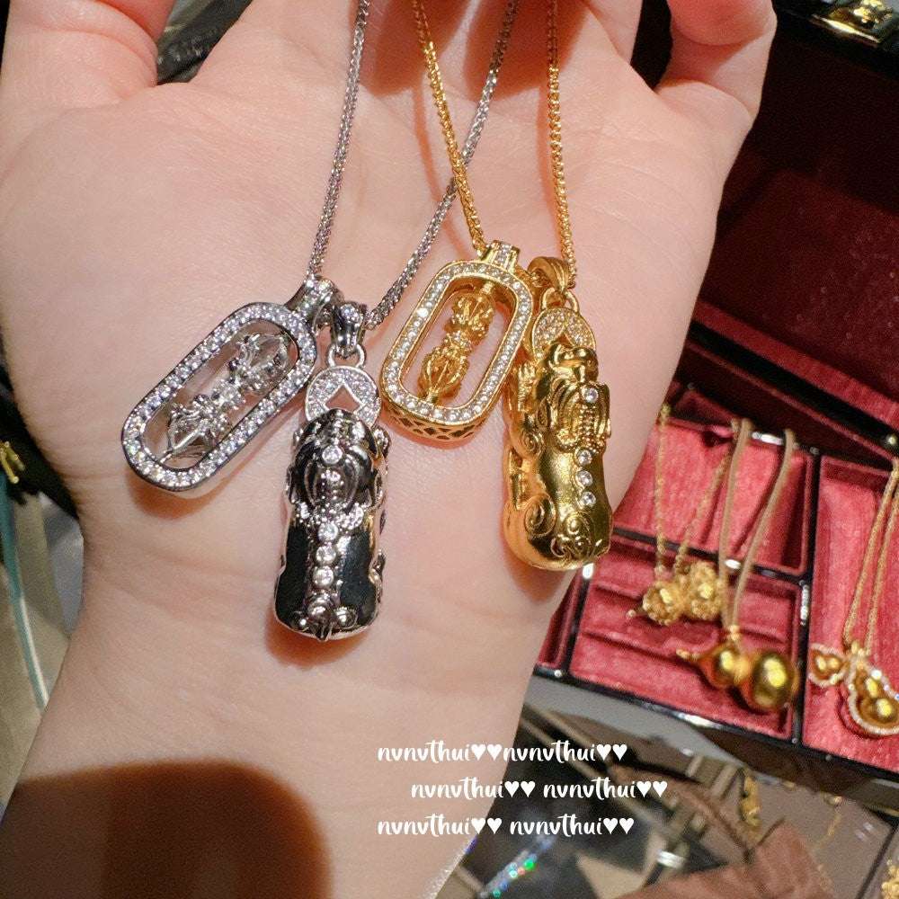 Ancient Taoist gold filigree chisel engraving vajra pestle Pixiu necklace, new Chinese style, Pixiu copper coins stacked with pendant chain