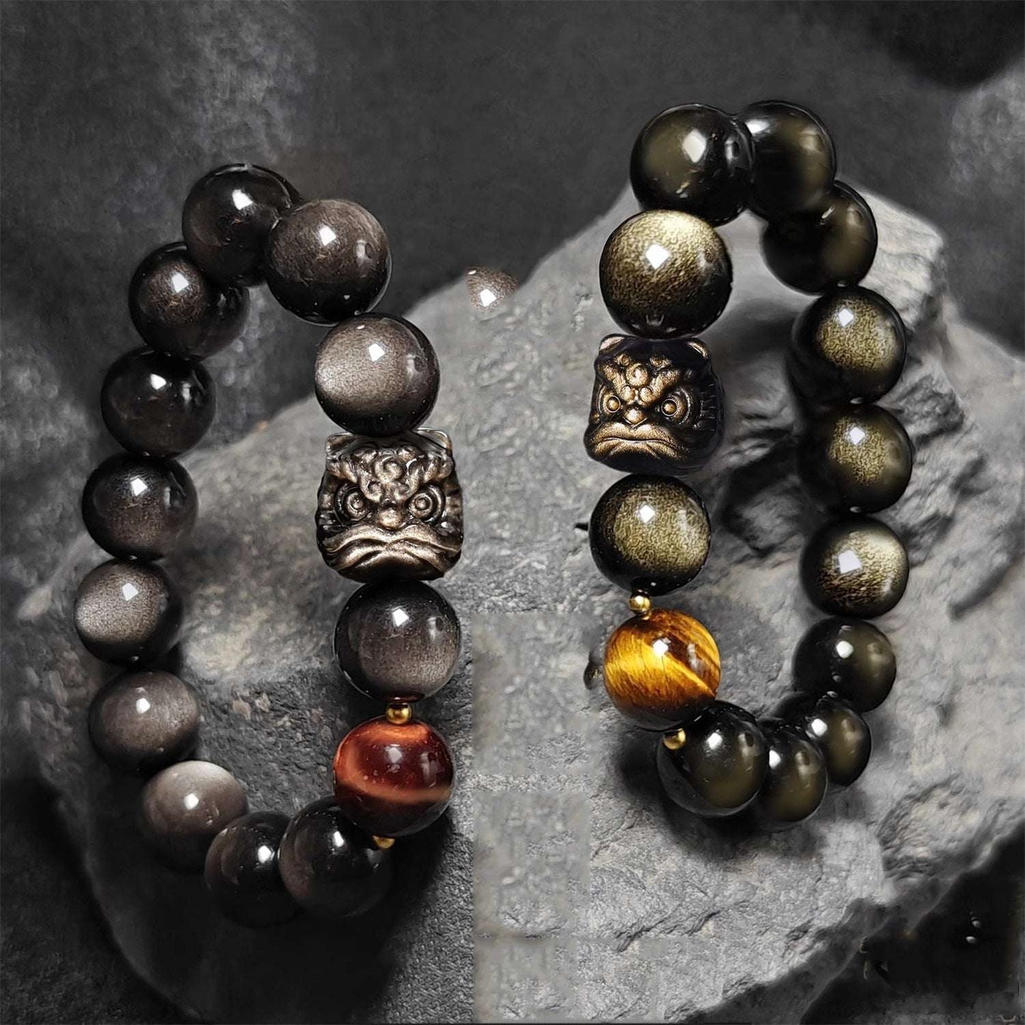 Natural silver obsidian bracelet lion dancing male and female couple Wenwan obsidian bracelet gold obsidian jewelry