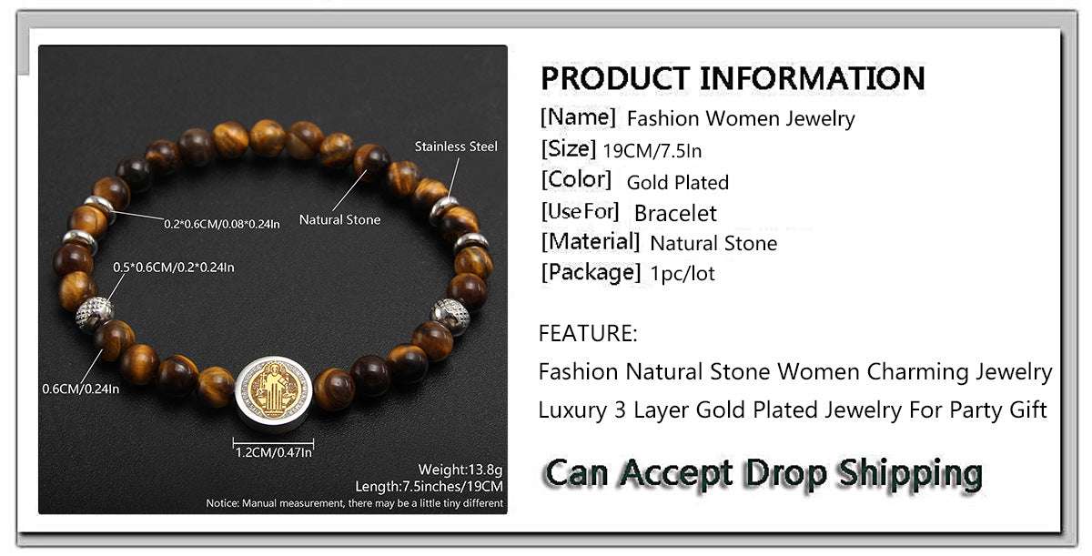 Free Today: 6MM Tiger's Eye Natural Stone Beaded Bracelet with Good Luck Bracelet
