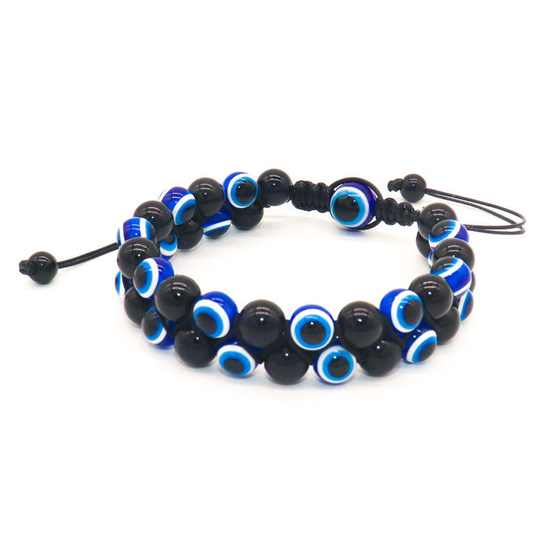 Natural agate stone bracelet, men's and women's magnet bracelet, handmade rope-woven black agate double-row devil's eye bracelet.