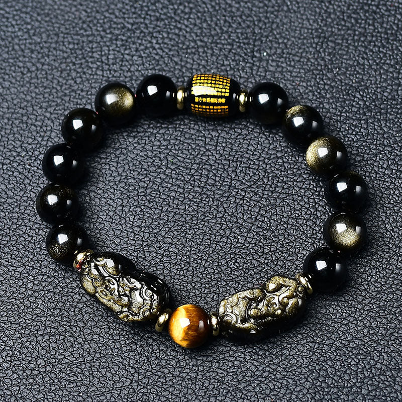 Black obsidian and tiger's eye double Pi Xiu bracelet