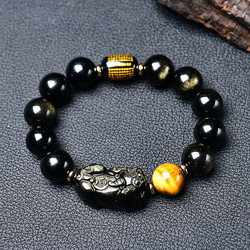 Black obsidian and tiger's eye double Pi Xiu bracelet