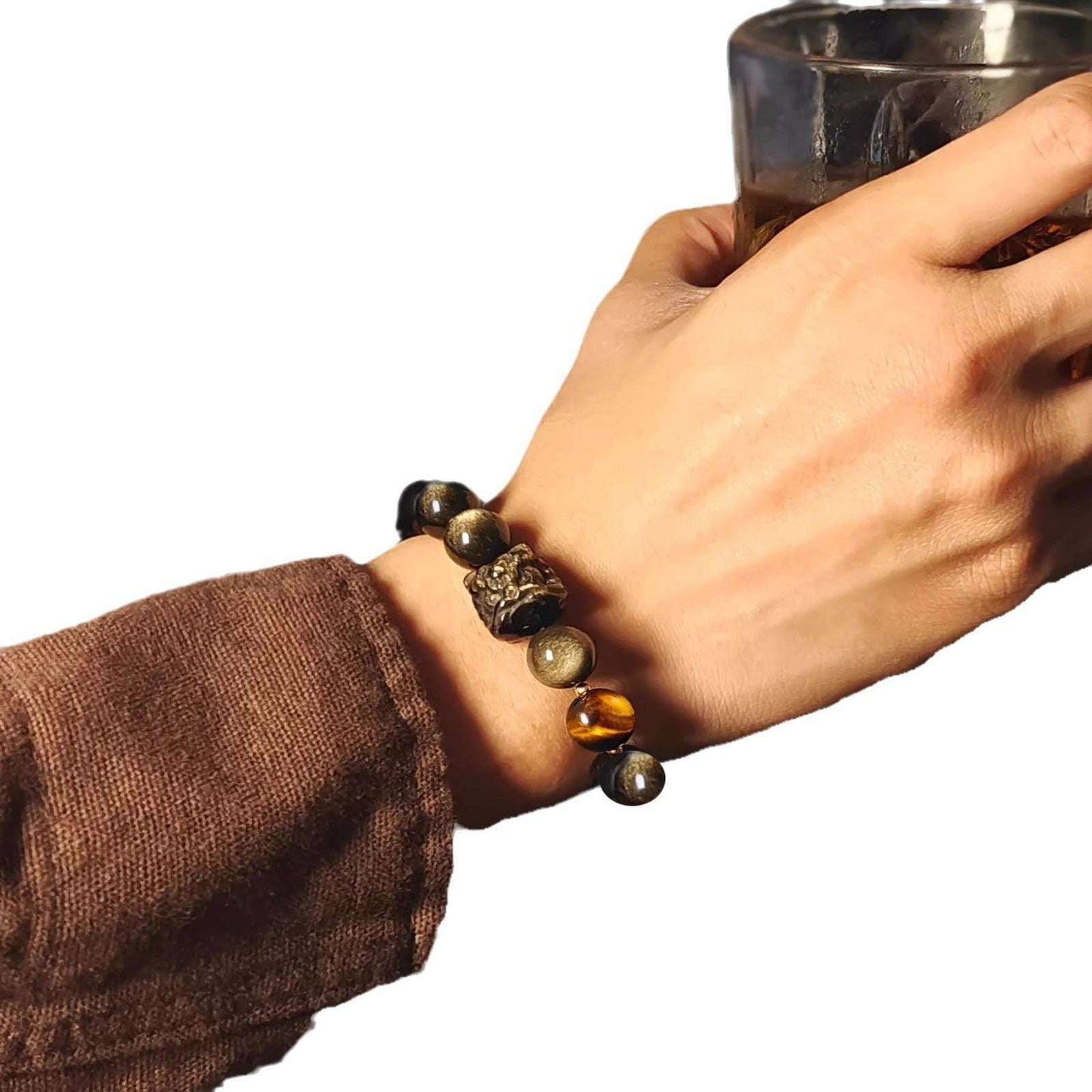 Natural silver obsidian bracelet lion dancing male and female couple Wenwan obsidian bracelet gold obsidian jewelry
