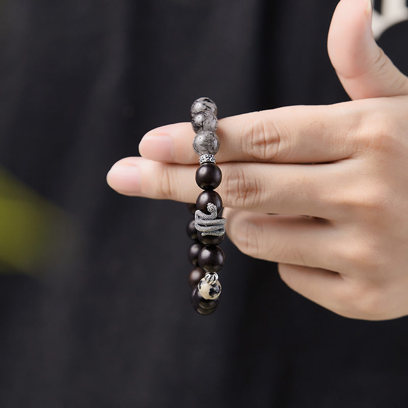 Taoist ebony black hair crystal snake year bracelet men's S925 sterling silver bracelet new Chinese zodiac natal year jewelry