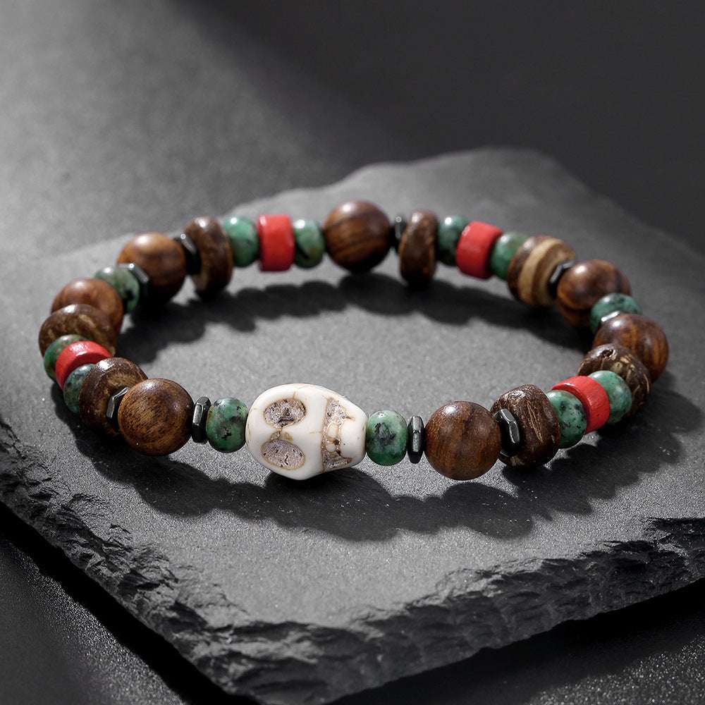 Free Today: Handmade Beaded Skull Bracelet Men's Turquoise Wood Bead Coconut Shell Bracelet Has a Healing Effect